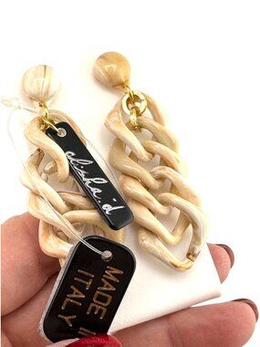 Alisha D. Chunky Chain Drop Earrings Beige Marble Acrylic Gold Statement Italy